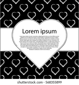 Valentines card vector illustration. White hearts on black background with text frame