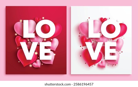 Valentine's card vector set design. Love text in 3d hearts decoration with red and white background for romantic occasion greeting and messages collection. Vector illustration.
