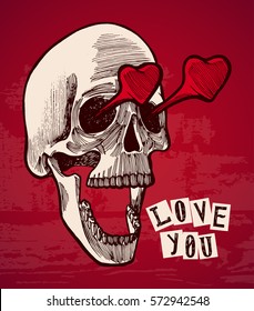 valentines card    vintage skull and heart shaped eyes red background