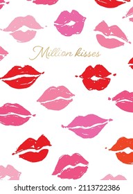 Valentine's card with woman lips and text Million kisses. Pre-made postcard design. Vector illustration