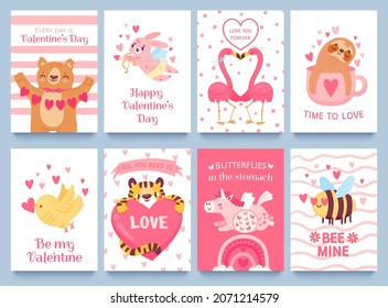 Valentines Cards With Cute Animals. Posters For Valentine Day With Cartoon Bunny, Unicorn, Flamingo And Bee. Animals With Hearts Vector Set