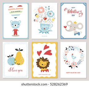 Valentine's Cards design collection. Bouquet, floral wreath, apple, pear, bird, hearts, Teddy Bear, elephant and little lion. Vector illustration.