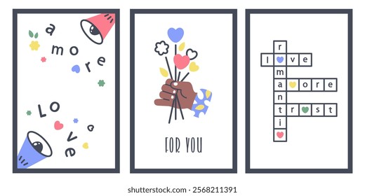 Valentines cards. Hand of African American man holding bunch of flowers. Loudspeakers with Love message. Cartoon romantic lettering, words. Crossword puzzle, word game. Vector flat illustration 