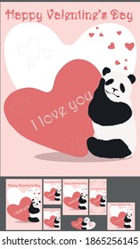 Valentines cards with panda and heart in different sizes for printing or publication (Valentines cards A4, A5, A6, Euro size, 160 x 160 mm, 100 x 120, mini 150 mm and original 32 x 40 inches)