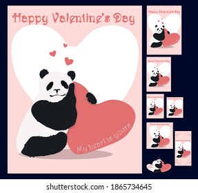 Valentines cards with panda and heart in different sizes for printing or publication (Valentines cards A4, A5, A6, Euro size, 160 x 160 mm, 100 x 120, mini 150 mm and original 32 x 40 in)
