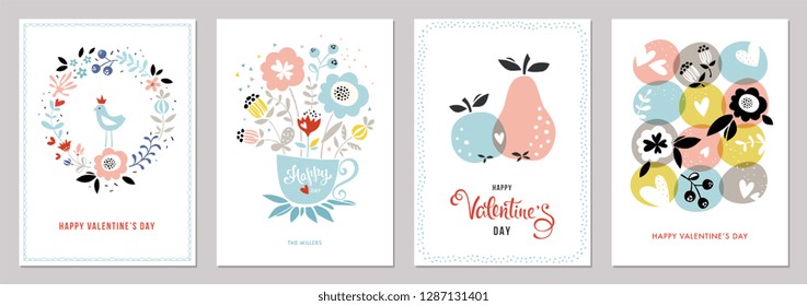 Valentine's Cards in scandinavian style. Bouquet, floral wreath, apple, pear and hearts. Vector illustration.