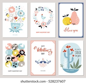 Valentine's Cards in scandinavian style. Bouquet, floral wreath, apple, pear, love birds, cacti and hearts. Vector illustration.