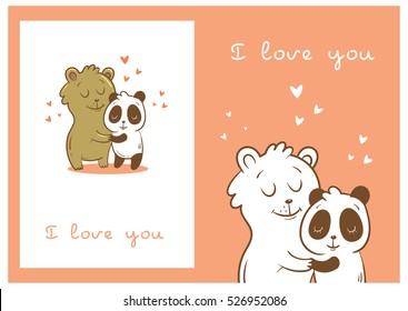 Valentine's cards set with cute cartoon  bear and panda on  pink  background. Happy couple. Animals Lovers. Children's illustration. Vector image.
