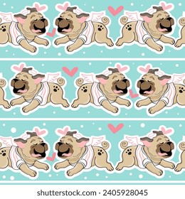 Valentines cartoon pug dogs and hearts on a blue seamless pattern background. Vector illustration for Valentine's Day and birthday