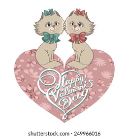 Valentines cats with heart and lettering "Happy Valentine's day!"