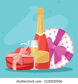 valentines champagne with gifts icons