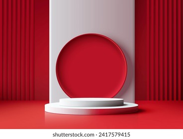 Valentine's or Chinese New Year display 3D podium mockup. Featuring a sleek white podium on a vibrant red stage background, showcasing products, presentations, or award ceremonies. Vector illustration