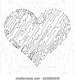 Valentine's circuit board in heart shape. Technology illustration. Eps 10 vector.