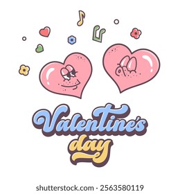 Valentines clipart. LGBT love couple. Cartoon character sing romantic song. Couple of cute hearts, valentine text. Love background. Valentine party. Funny groovy characters. Vector illustration