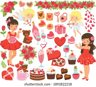 Valentines Clipart set. Cute cartoon girls, cupids and love symbols for Valentines Day.