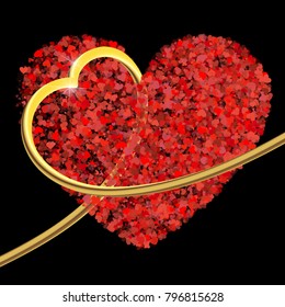 Valentines composition of the hearts. 3d golden heart hugs the scarlet heart. Vector illustration.