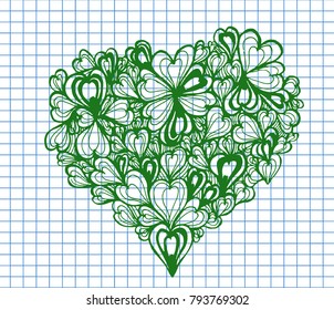 Valentines composition of the hearts on copybook background. love hearts. Vector illustration.