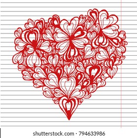 Valentines composition of the hearts on copybook background. love hearts. Vector illustration.