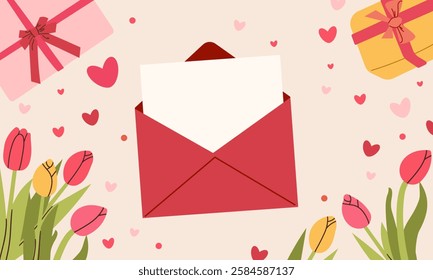Valentine`s composition Vector Red Envelopes with Blank Letter. Folded, Unfolded Isolated Envelope. Design Template. Message, Notification, Mailing, Surprise and Congratulations Concept