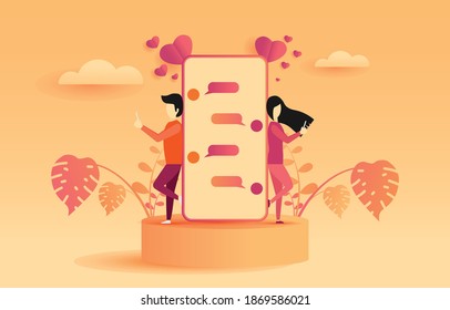 Valentine's concept background. Young men and women communicate love with smartphone technology. Love in summer and spring. Autumn with the couple. Holiday greeting card. Vector illustration