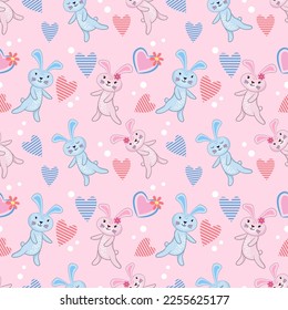 Valentine's concept with cute bunny and heart shape seamless pattern.