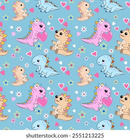 Valentine's concept with cute dinosaur heart shape seamless pattern for fabric textile wallpaper gift wrapping background.