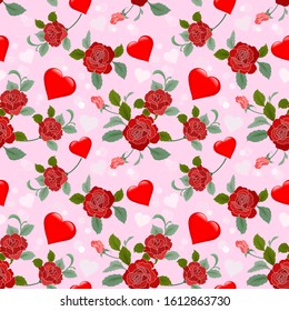 Valentine's concept, Red heart shape with red rose seamless pattern for fabric textile wallpaper.