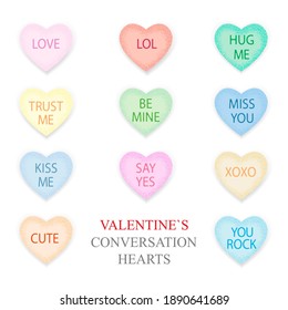 Valentines conversation hearts on white. Valentines Day lettering decor. Hearts set, clip art, art tools, stickers, funny  heart candy, t shirt design. Vector EPS 10.