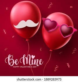 Valentines couple balloons vector concept design. Happy valentines be mine text with red lovers balloon decoration elements in red background. Vector illustration
