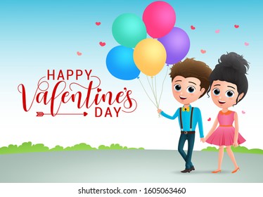 Valentines couple dating character vector background design. Valentine lovers character holding hands and walking in park holding colorful balloons element. Vector illustration.