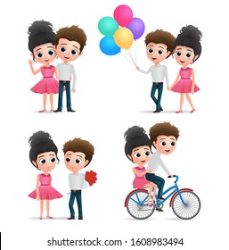 Valentines couple dating character vector set. Female and male lovers valentine character in walking, bike riding, surprising, waving and holding colorful balloons isolated in white background.