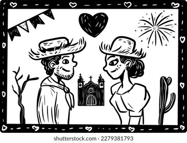 Valentine's couple at a Festa Junina. Vector in woodcut and cordel literature style