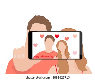 Valentine's couple making selfies. Online celebrating. Social networks concept. Vector illustration