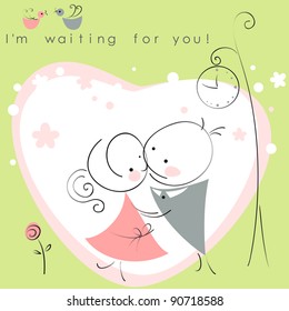 valentines couple,  meet on a date under the clock, green background of heart  . Vector illustration of Valentine card