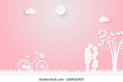 Valentine's couple scenery illustration design in paper art style with a bicycle, clouds, sun and love tree.