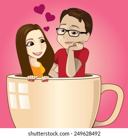 valentines couples into the coffee cup with hearts