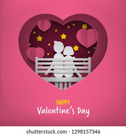 Valentines of craft paper design vector illustration, contain pink clouds in heart shapes are holding by strings on top, pink background. Strangers are sitting on a bench in the center of composition