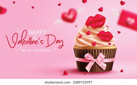 Valentine's cup cake text vector design. Happy valentine's day greeting card with cupcake dessert and lips decoration elements for holiday season background. Vector illustration hearts day invitation 