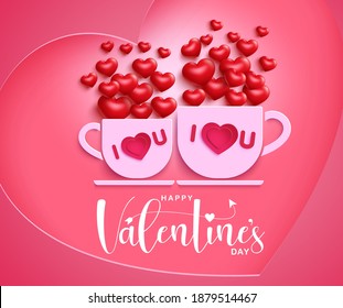 Valentine's cup vector background design. Happy valentine's day text with couple cup paper cut with 3d heart element for valentine's day romantic coffee date. Vector illustration 