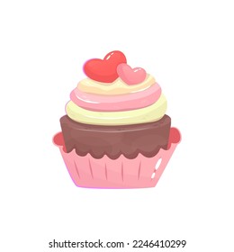 El quequito de San Valentín con el corazón aislado. postre dulce de chocolate con muffins rosados para los amantes. Ilustración vectorial de dibujos animados. Día de la panadería para San Valentín