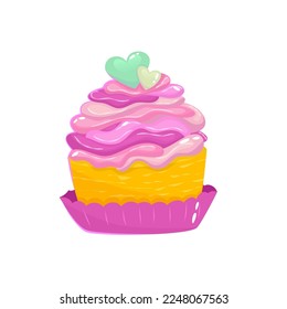 Valentines cupcake with heart isolated. Pink muffins vanila sweet dessert for lovers. Cartoon vector illustration. Bakery for valentines day