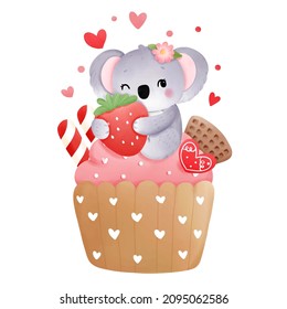 Valentines cupcake koala, vector illustration