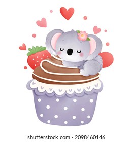 Valentines cupcake koala, vector illustration