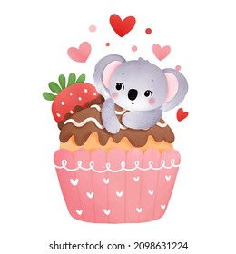 Valentines cupcake koala, vector illustration