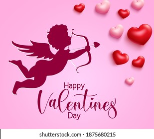 Valentine's cupid vector background design. Happy valentine's day text with cupid character paper cut and 3d hearts shape for romantic valentine greeting card design. Vector illustration