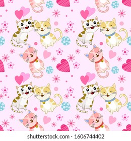 Valentines cute cat with heart shape seamless pattern.