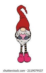 Valentine's cute gnome boy holding a heart in his hands. Cartoon hand-drawn style. Vector illustration for Valentine's Day cards, gifts, t-shirts, mugs, stickers, scrapbooking crafts, and design.