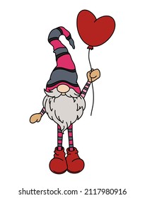 Valentine's cute gnome holding heart balloon. Cartoon hand-drawn style. Vector romantic illustration for Valentine's Day cards, gifts, t-shirts, mugs, stickers, and design.