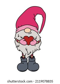 Valentine's cute gnome holding a heart in his hands. Cartoon hand-drawn style. Vector illustration for Valentine's Day cards, gifts, t-shirts, mugs, stickers, scrapbooking crafts, and design.