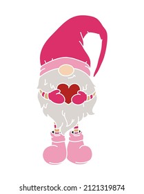 Valentine's cute gnome holding a heart in his hands. Cartoon hand-drawn style. Vector illustration for Valentine's Day cards, gifts, t-shirts, mugs, stickers, scrapbooking crafts, and design.